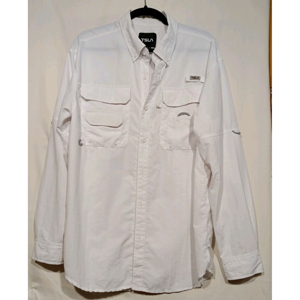 TSLA Outdoor Fish Camp Hike Shirt White Nylon Long Sleeve Button Sz M